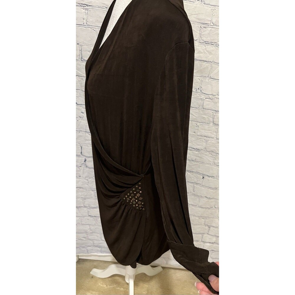 Chico's Travelers Faux Wrap Top Chocolate Brown Slinky Knit Shirt Size 2/L/12 - Picture 4 of 9